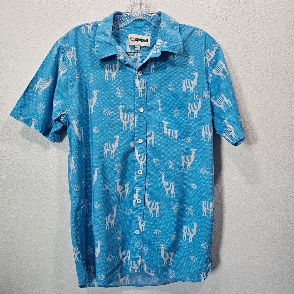 Tipsy Elves Mens Medium Blue Llama Cactus Print Short Sleeve Button Down Shirt